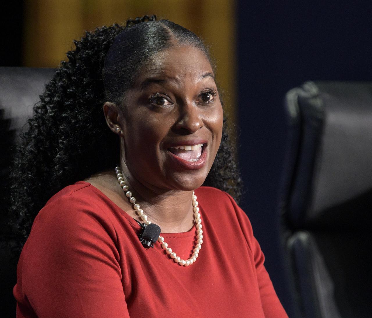 Director of the Program Management Office at MSI STEM Research and Development Consortium (MSRDC), Latonia Jones participates in a panel discussion titled “Technology Drives Exploration:  Paving the Next Era of Space Exploration” during the 36th Space Symposium, Thursday, Aug. 26, 2021, in Colorado Springs, Colorado. Photo Credit: (NASA/Bill Ingalls)