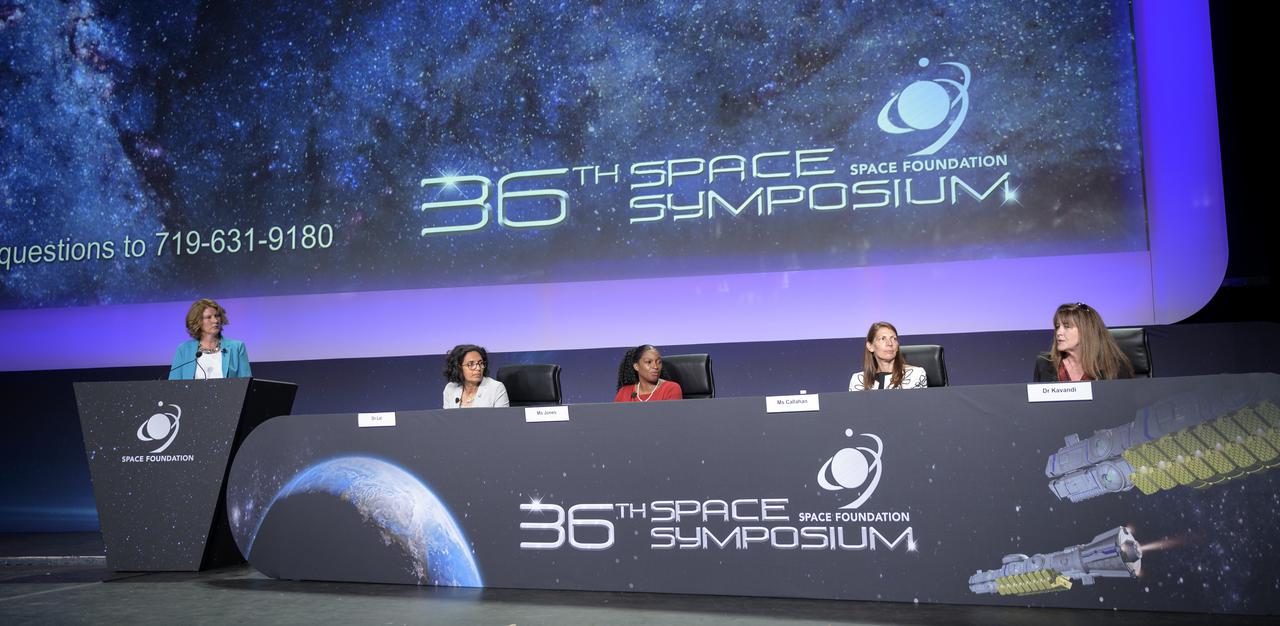 NASA Director of the Technology Demonstration Missions Program, Trudy Kortes moderates a panel discussion titled “Technology Drives Exploration:  Paving the Next Era of Space Exploration” with NASA Senior Advisor for Budget and Finance Bhavya Lal; Director of the Program Management Office at MSI STEM Research and Development Consortium (MSRDC), Latonia Jones; Vice President and General Manager, Commercial Civil Space, Lockheed Martin Space, Lisa Callahan; and Executive Vice President, Sierra Space, Sierra Nevada Corporation, Janet Kavandi, right, during the 36th Space Symposium, Thursday, Aug. 26, 2021, in Colorado Springs, Colorado. Photo Credit: (NASA/Bill Ingalls)