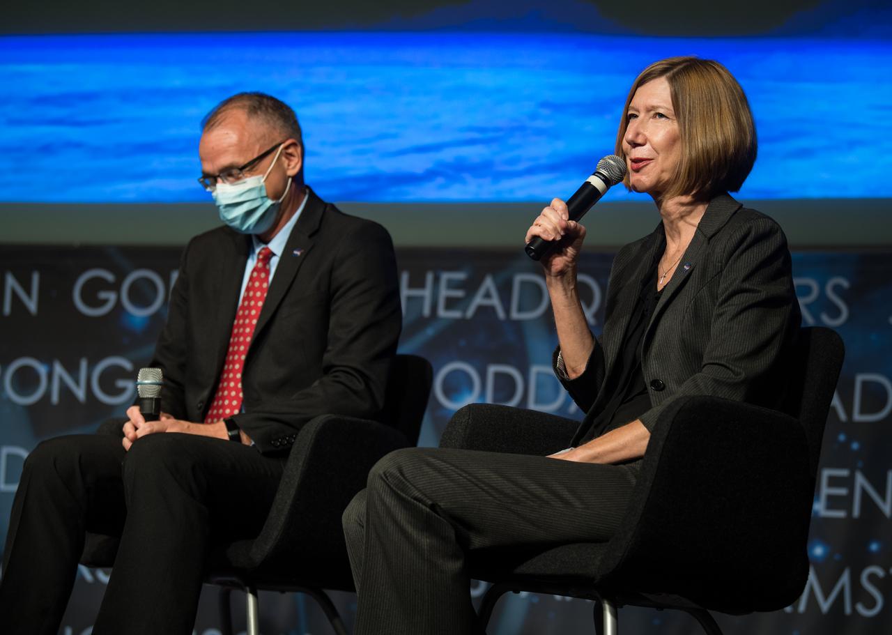 NASA Associate Administrator for the Space Operations Mission Directorate (SpaceOps), Kathy Lueders, right, speaks during a NASA town hall to discuss the reorganization of the Human Exploration and Operations Mission Directorate into two mission directorates: SpaceOps and the Exploration Systems Development Mission Directorate (ESDMD), Tuesday, Sept. 21, 2021 at the Mary W. Jackson NASA Headquarters building in Washington. As head of SpaceOps, Kathy Lueders will lead launch and space operations including the International Space Station, the commercialization of low-Earth orbit, and eventually operations on and around the Moon. Associate Administrator of ESDMD, Jim Free, left, will lead efforts to define and manage systems development for programs critical to NASA’s Artemis program and the planning of NASA’s Moon to Mars exploration. Photo Credit: (NASA/Aubrey Gemignani)