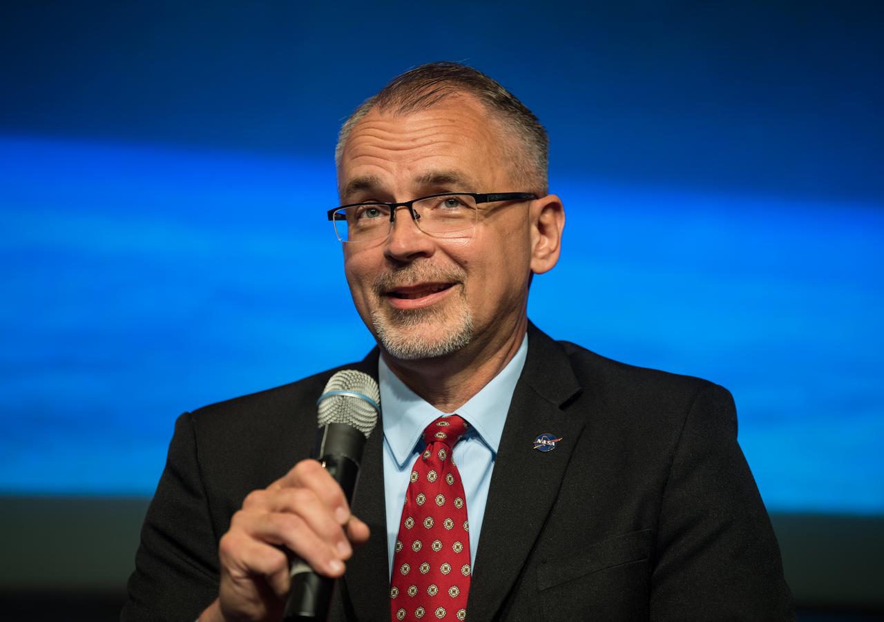 NASA Associate Administrator for the Exploration Systems Development Mission Directorate (ESDMD), Jim Free, speaks during a NASA town hall to discuss the reorganization of the Human Exploration and Operations Mission Directorate into two mission directorates: ESDMD and Space Operations Mission Directorate (SpaceOps), Tuesday, Sept. 21, 2021 at the Mary W. Jackson NASA Headquarters building in Washington. NASA Associate Administrator for SpaceOps, Kathy Lueders, will lead launch and space operations including the International Space Station, the commercialization of low-Earth orbit, and eventually operations on and around the Moon. Head of ESDMD, Jim Free, will lead efforts to define and manage systems development for programs critical to NASA’s Artemis program and the planning of NASA’s Moon to Mars exploration. Photo Credit: (NASA/Aubrey Gemignani)