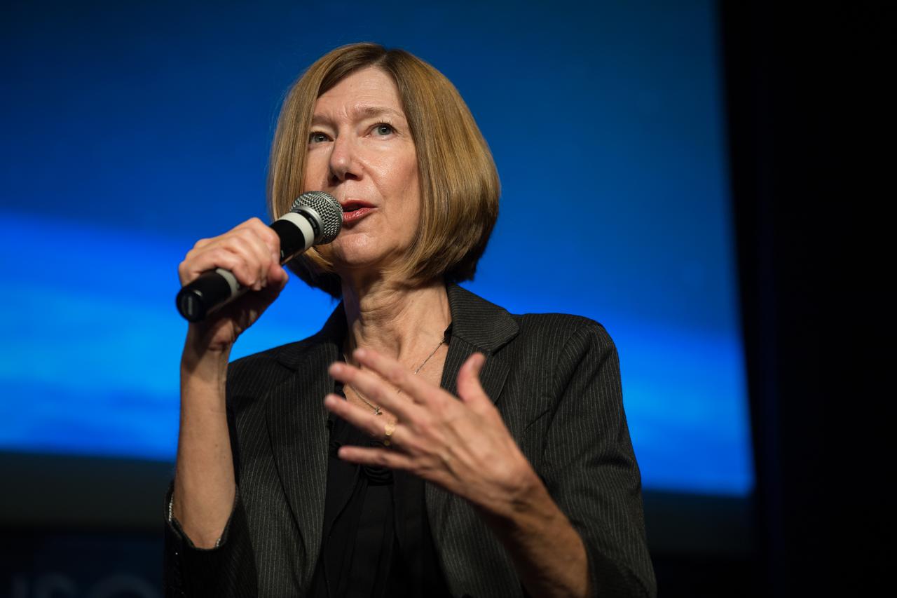 NASA Associate Administrator for the Space Operations Mission Directorate (SpaceOps), Kathy Lueders, speaks during a NASA town hall to discuss the reorganization of the Human Exploration and Operations Mission Directorate into two mission directorates: SpaceOps and the Exploration Systems Development Mission Directorate (ESDMD), Tuesday, Sept. 21, 2021 at the Mary W. Jackson NASA Headquarters building in Washington. As head of SpaceOps, Kathy Lueders will lead launch and space operations including the International Space Station, the commercialization of low-Earth orbit, and eventually operations on and around the Moon. Associate Administrator of ESDMD, Jim Free, will lead efforts to define and manage systems development for programs critical to NASA’s Artemis program and the planning of NASA’s Moon to Mars exploration. Photo Credit: (NASA/Aubrey Gemignani)