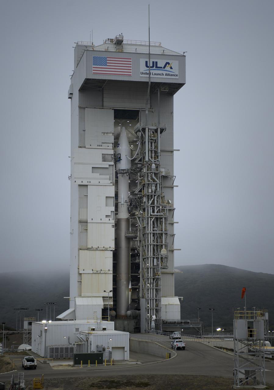 The United Launch Alliance (ULA) Atlas V rocket with the Landsat 9 satellite onboard is seen, Saturday, Sept. 25, 2021, at Vandenberg Space Force Base in California. The Landsat 9 satellite, a joint NASA/U.S. Geological Survey mission that will continue the legacy of monitoring Earth’s land and coastal regions, is scheduled for liftoff Monday, Sept. 27. Photo Credit: (NASA/Bill Ingalls)
