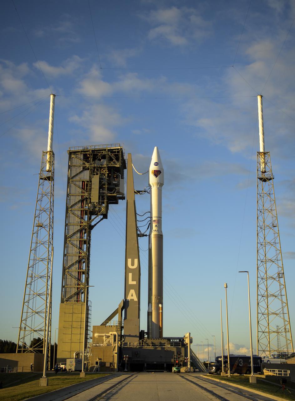 A United Launch Alliance Atlas V rocket with the Lucy spacecraft aboard is seen at Space Launch Complex 41, Thursday, Oct. 14, 2021, at Cape Canaveral Space Force Station in Florida. Lucy will be the first spacecraft to study Jupiter's Trojan Asteroids. Like the mission's namesake – the fossilized human ancestor, "Lucy," whose skeleton provided unique insight into humanity's evolution – Lucy will revolutionize our knowledge of planetary origins and the formation of the solar system. Photo Credit: (NASA/Bill Ingalls)
