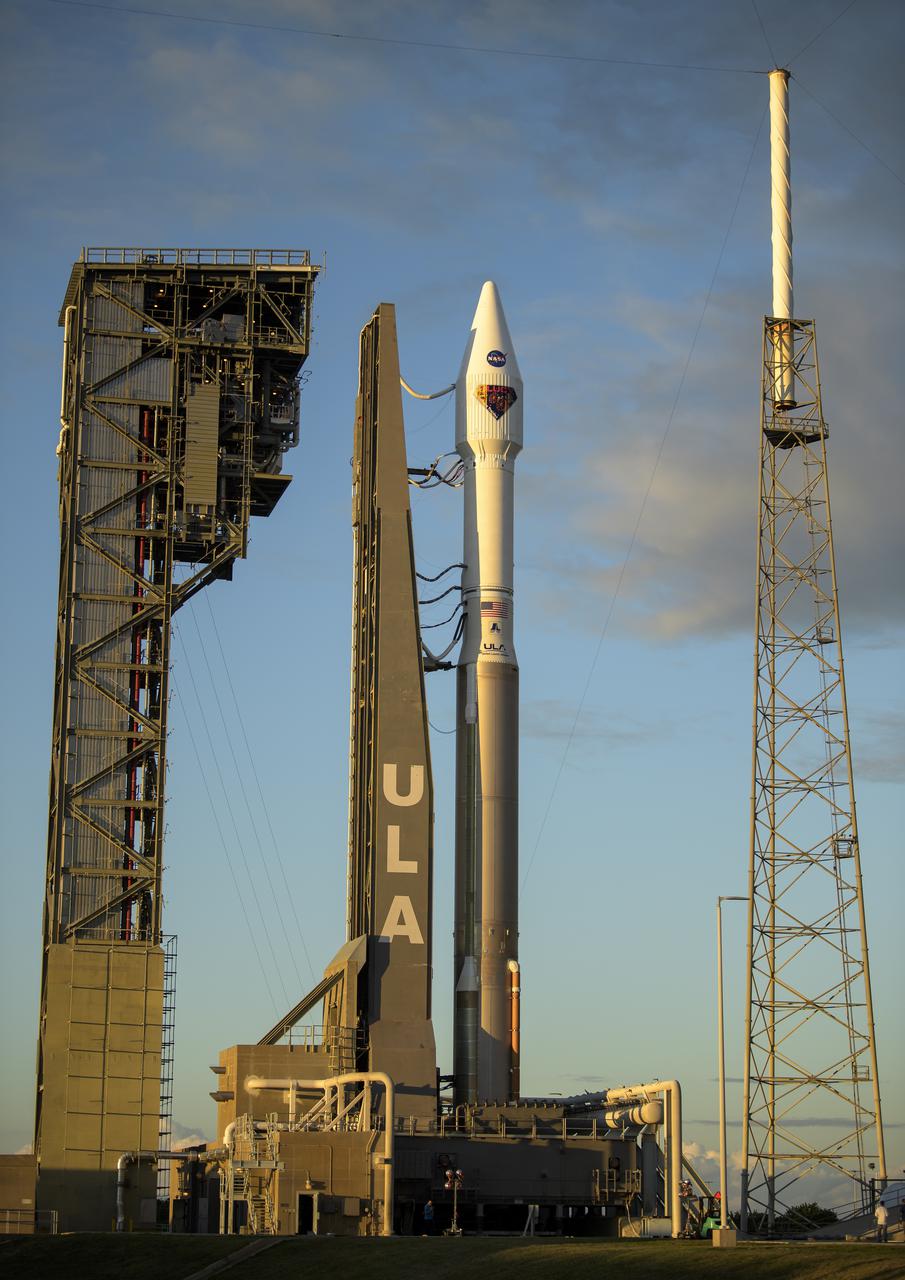 A United Launch Alliance Atlas V rocket with the Lucy spacecraft aboard is seen at Space Launch Complex 41, Thursday, Oct. 14, 2021, at Cape Canaveral Space Force Station in Florida. Lucy will be the first spacecraft to study Jupiter's Trojan Asteroids. Like the mission's namesake – the fossilized human ancestor, "Lucy," whose skeleton provided unique insight into humanity's evolution – Lucy will revolutionize our knowledge of planetary origins and the formation of the solar system. Photo Credit: (NASA/Bill Ingalls)