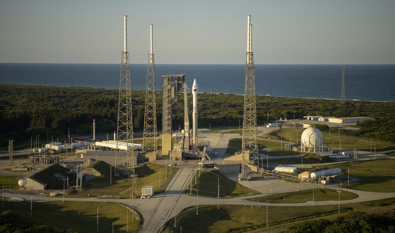 A United Launch Alliance Atlas V rocket with the Lucy spacecraft aboard is seen at Space Launch Complex 41, Friday, Oct. 15, 2021, at Cape Canaveral Space Force Station in Florida. Lucy will be the first spacecraft to study Jupiter's Trojan Asteroids. Like the mission's namesake – the fossilized human ancestor, "Lucy," whose skeleton provided unique insight into humanity's evolution – Lucy will revolutionize our knowledge of planetary origins and the formation of the solar system. Photo Credit: (NASA/Bill Ingalls)
