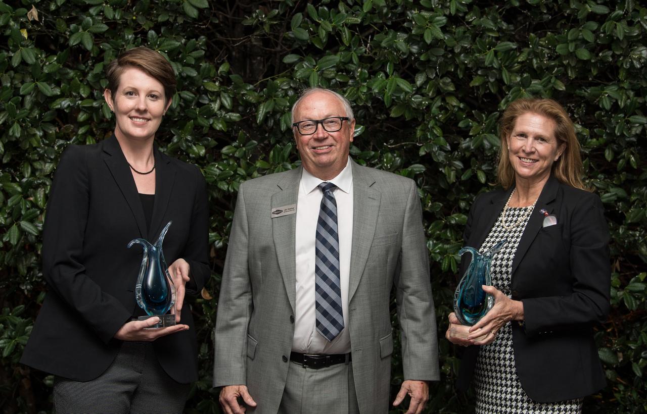 From left to right, Principal Deputy Assistant Secretary for Nuclear Energy at the Department of Energy, Dr. Kathryn Huff, Director of the National Museum of Nuclear Science and History, Jim Walther, and Director of the NASA Science Mission Directorate’s Planetary Science Division, Dr. Lori Glaze, pose for a photo after Dr. Huff and Dr. Glaze accepted the Lifetime Achievement Award on behalf of their agencies during the Nuclear Science Week event, Tuesday, Oct. 19, 2021, at The Observatory at America’s Square in Washington. Photo Credit: (NASA/Aubrey Gemignani)