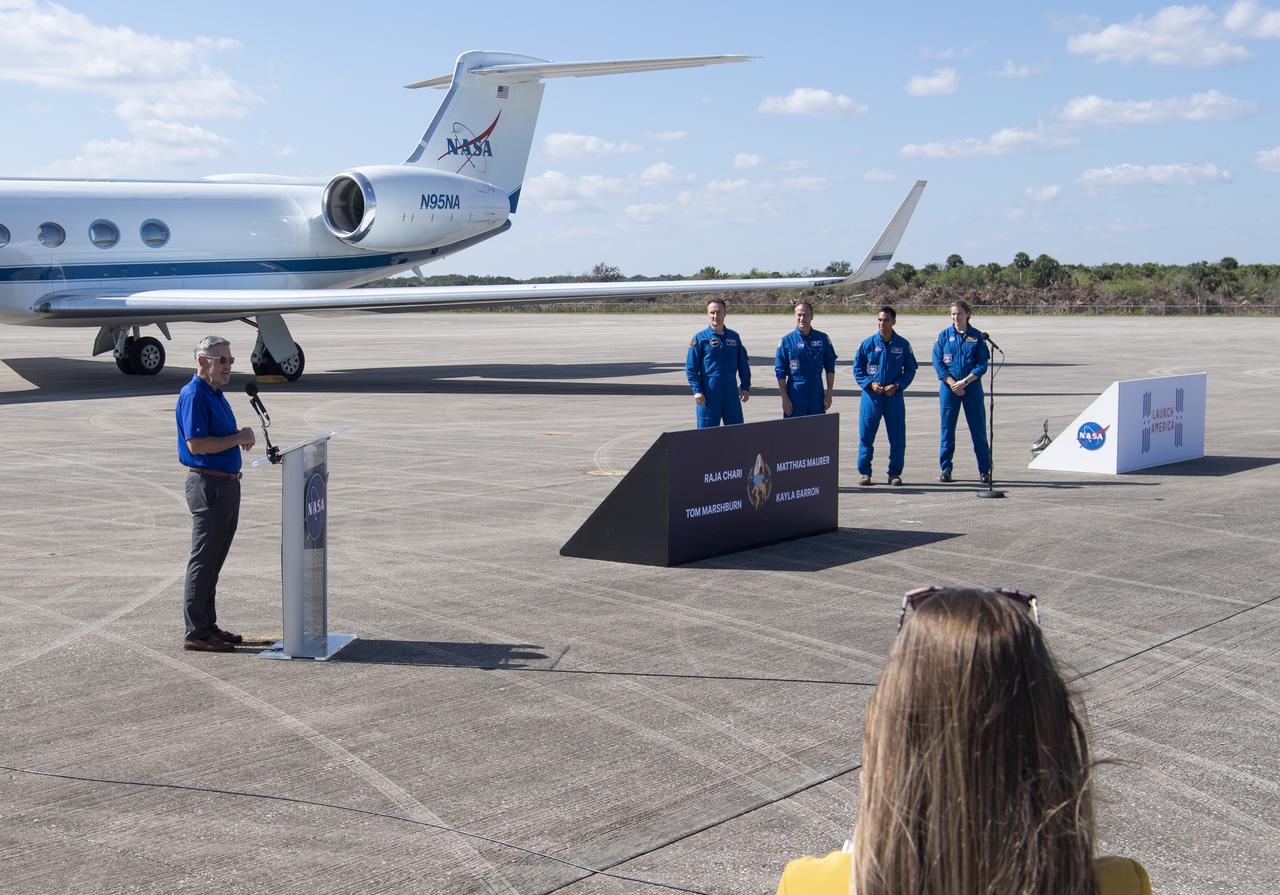 NASA Associate Administrator Bob Cabana speaks to members of the media at the arrival of NASA astronauts Raja Chari, Tom Marshburn, Kayla Barron, and ESA (European Space Agency) astronaut Matthias Maurer at the Launch and Landing Facility at NASA’s Kennedy Space Center ahead of SpaceX’s Crew-3 mission, Tuesday, Oct. 26, 2021, in Florida. NASA’s SpaceX Crew-3 mission is the third crew rotation mission of the SpaceX Crew Dragon spacecraft and Falcon 9 rocket to the International Space Station as part of the agency’s Commercial Crew Program. Chari, Marshburn, Barron, Maurer are scheduled to launch at Oct. 31 at 2:21 a.m. ET, from Launch Complex 39A at the Kennedy Space Center. Photo Credit: (NASA/Joel Kowsky)