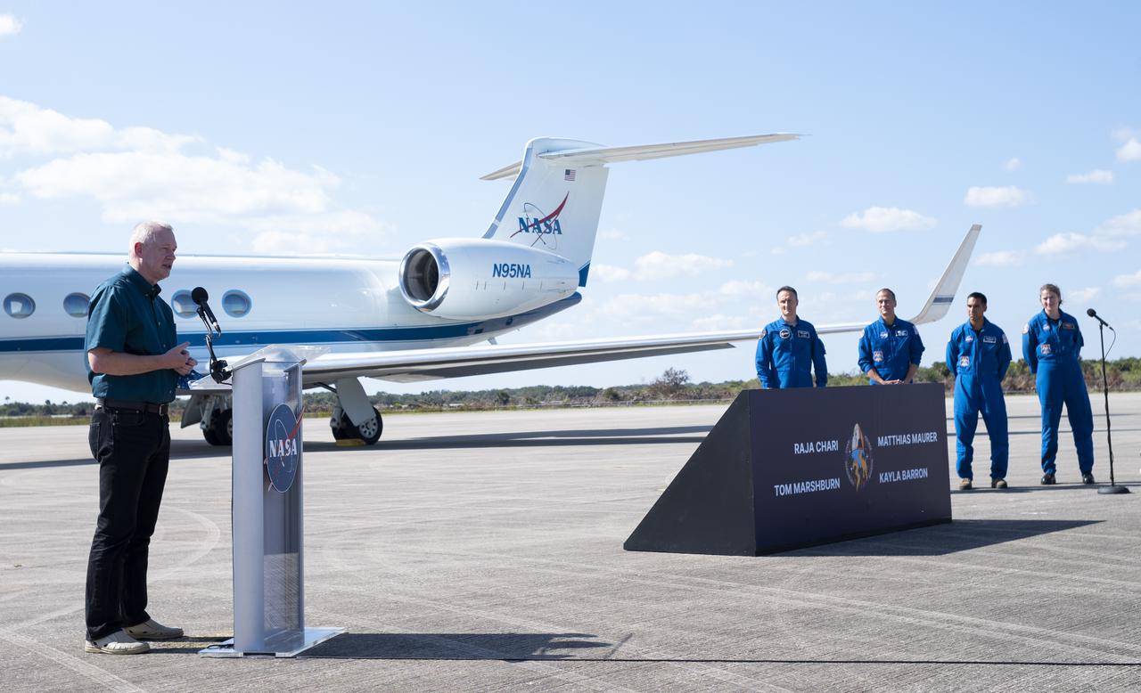 Frank de Winne, manager of the International Space Station Program for ESA (European Space Agency), speaks to members of the media at the arrival of NASA astronauts Raja Chari, Tom Marshburn, Kayla Barron, and ESA (European Space Agency) astronaut Matthias Maurer at the Launch and Landing Facility at NASA’s Kennedy Space Center ahead of SpaceX’s Crew-3 mission, Tuesday, Oct. 26, 2021, in Florida. NASA’s SpaceX Crew-3 mission is the third crew rotation mission of the SpaceX Crew Dragon spacecraft and Falcon 9 rocket to the International Space Station as part of the agency’s Commercial Crew Program. Chari, Marshburn, Barron, Maurer are scheduled to launch at Oct. 31 at 2:21 a.m. ET, from Launch Complex 39A at the Kennedy Space Center. Photo Credit: (NASA/Joel Kowsky)