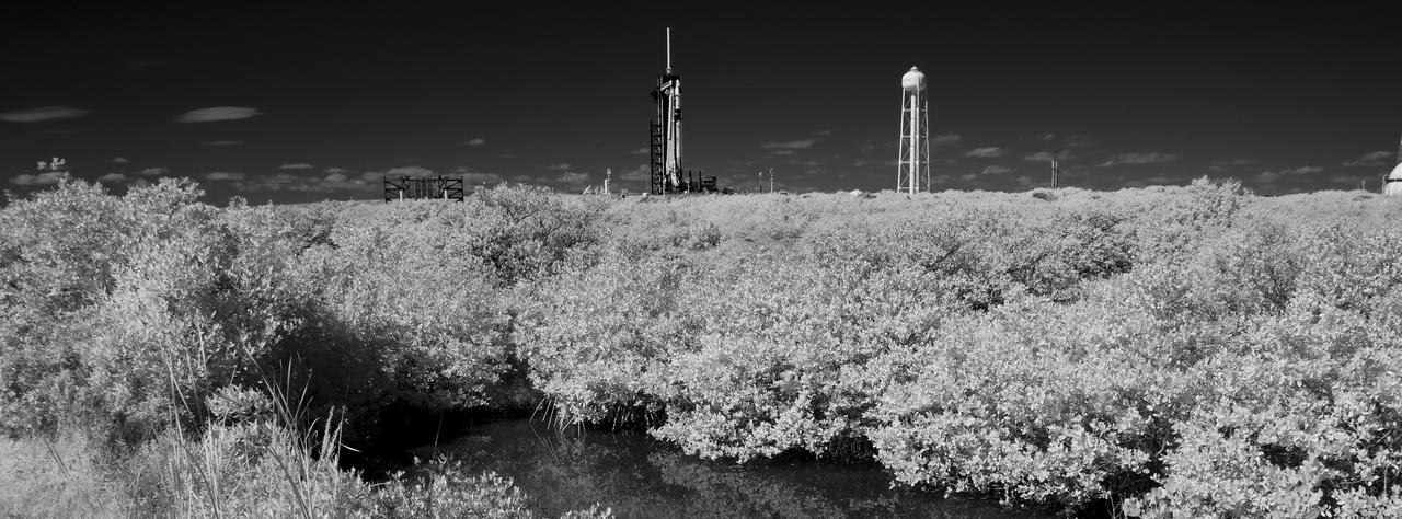 In this black and white infrared image, a SpaceX Falcon 9 rocket with the company's Crew Dragon spacecraft onboard is seen on the launch pad at Launch Complex 39A as preparations continue for the Crew-3 mission, Sunday, Oct. 31, 2021, at NASA’s Kennedy Space Center in Florida. NASA’s SpaceX Crew-3 mission is the third crew rotation mission of the SpaceX Crew Dragon spacecraft and Falcon 9 rocket to the International Space Station as part of the agency’s Commercial Crew Program. NASA astronauts Raja Chari, Tom Marshburn, Kayla Barron, and ESA (European Space Agency) astronaut Matthias Maurer are scheduled to launch on Nov. 3 at 1:10 a.m. ET, from Launch Complex 39A at the Kennedy Space Center. Photo Credit: (NASA/Joel Kowsky)