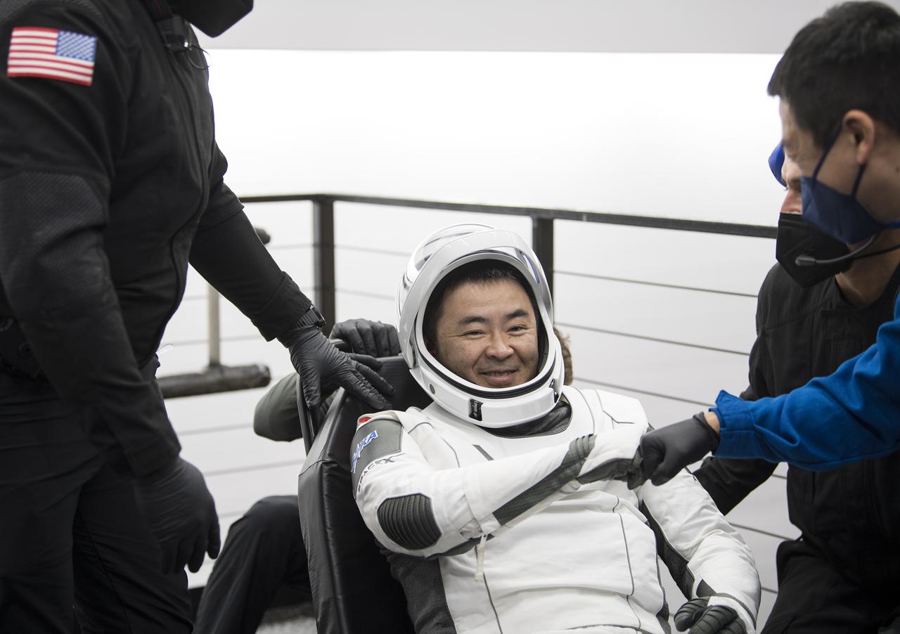 Japan Aerospace Exploration Agency (JAXA) astronaut Aki Hoshide gives a fist bump after being helped out of the SpaceX Crew Dragon Endeavour spacecraft onboard the SpaceX GO Navigator recovery ship after he and NASA astronauts Shane Kimbrough and Megan McArthur, and ESA (European Space Agency) astronaut Thomas Pesquet landed in the Gulf of Mexico off the coast of Pensacola, Florida, Monday, Nov. 8, 2021. NASA’s SpaceX Crew-2 mission is the second operational mission of the SpaceX Crew Dragon spacecraft and Falcon 9 rocket to the International Space Station as part of the agency’s Commercial Crew Program. Photo Credit: (NASA/Aubrey Gemignani)