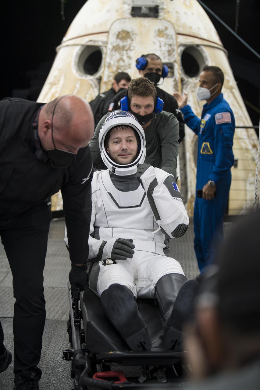ESA (European Space Agency) astronaut Thomas Pesquet is seen after being helped out of the SpaceX Crew Dragon Endeavour spacecraft onboard the SpaceX GO Navigator recovery ship after he and NASA astronauts Shane Kimbrough and Megan McArthur, and Japan Aerospace Exploration Agency (JAXA) astronaut Aki Hoshide landed in the Gulf of Mexico off the coast of Pensacola, Florida, Monday, Nov. 8, 2021. NASA’s SpaceX Crew-2 mission is the second operational mission of the SpaceX Crew Dragon spacecraft and Falcon 9 rocket to the International Space Station as part of the agency’s Commercial Crew Program. Photo Credit: (NASA/Aubrey Gemignani)