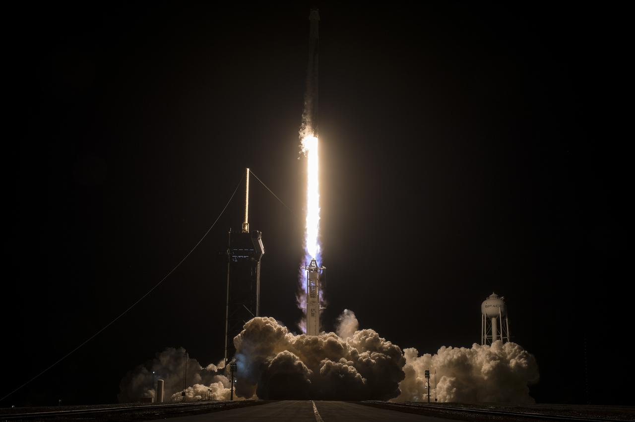 A SpaceX Falcon 9 rocket carrying the company's Crew Dragon spacecraft is launched on NASA’s SpaceX Crew-3 mission to the International Space Station with NASA astronauts Raja Chari, Tom Marshburn, Kayla Barron, and ESA (European Space Agency) astronaut Matthias Maurer onboard, Wednesday, Nov. 10, 2021, at NASA’s Kennedy Space Center in Florida. NASA’s SpaceX Crew-3 mission is the third crew rotation mission of the SpaceX Crew Dragon spacecraft and Falcon 9 rocket to the International Space Station as part of the agency’s Commercial Crew Program. Chari, Marshburn, Barron, Maurer launched at 9:03 p.m. EST from Launch Complex 39A at the Kennedy Space Center to begin a six month mission onboard the orbital outpost. Photo Credit: (NASA/Aubrey Gemignani)