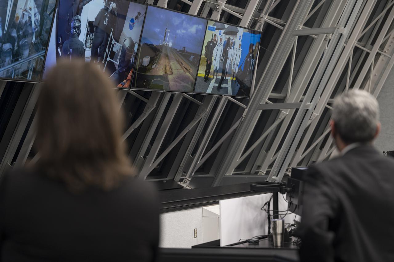 SpaceX and NASA officials monitor the countdown of the launch of a SpaceX Falcon 9 rocket carrying the company's Crew Dragon spacecraft on NASA’s SpaceX Crew-3 mission with NASA astronauts Raja Chari, Tom Marshburn, Kayla Barron, and ESA (European Space Agency) astronaut Matthias Maurer onboard, Wednesday, Nov. 10, 2021, in firing room four of the Launch Control Center at NASA’s Kennedy Space Center in Florida. NASA’s SpaceX Crew-3 mission is the first crew rotation mission of the SpaceX Crew Dragon spacecraft and Falcon 9 rocket to the International Space Station as part of the agency’s Commercial Crew Program. Chari, Marshburn, Barron, Maurer are scheduled to launch at 9:03 p.m. EST, from Launch Complex 39A at the Kennedy Space Center. Photo Credit: (NASA/Aubrey Gemignani)