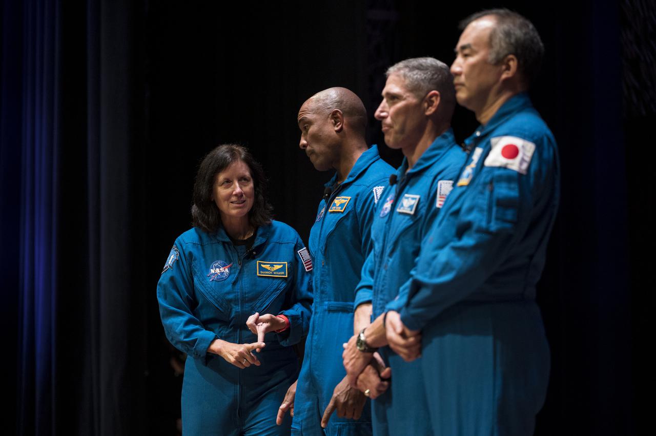 SpaceX Crew-1 NASA astronauts, from left to right, Shannon Walker, Victor Glover, Mike Hopkins, and Japan Aerospace Exploration Agency (JAXA) astronaut Soichi Noguchi, give a presentation about their mission in the Oprah Winfrey Theater at the National Museum of African American History and Culture, Tuesday, Nov. 16, 2021, in Washington. Hopkins, Glover, Walker, and Noguchi launched on the first crew rotation mission to the International Space Station for SpaceX’s Falcon 9 and Crew Dragon spacecraft as part of the agency’s Commercial Crew Program and spent 168 days in space across Expeditions 64 and 65. Photo Credit: (NASA/Aubrey Gemignani)