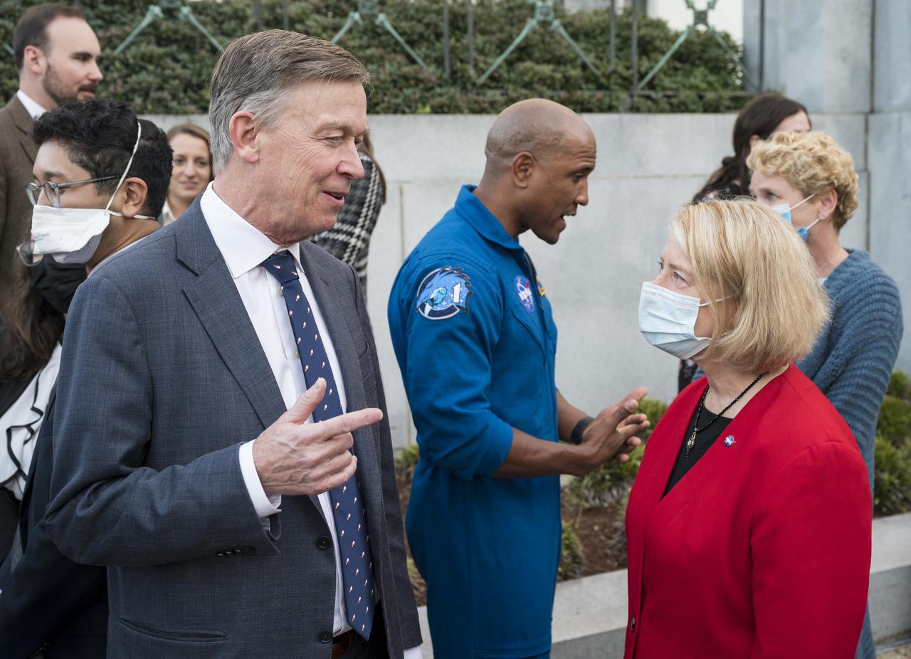 NASA Deputy Administrator Pam Melroy, right, speaks with Senator John Hickenlooper, D-Colo, at the Destination Station mobile exhibition on Capitol Hill, Wednesday, Nov. 17, 2021, in Washington. Photo Credit: (NASA/Aubrey Gemignani)
