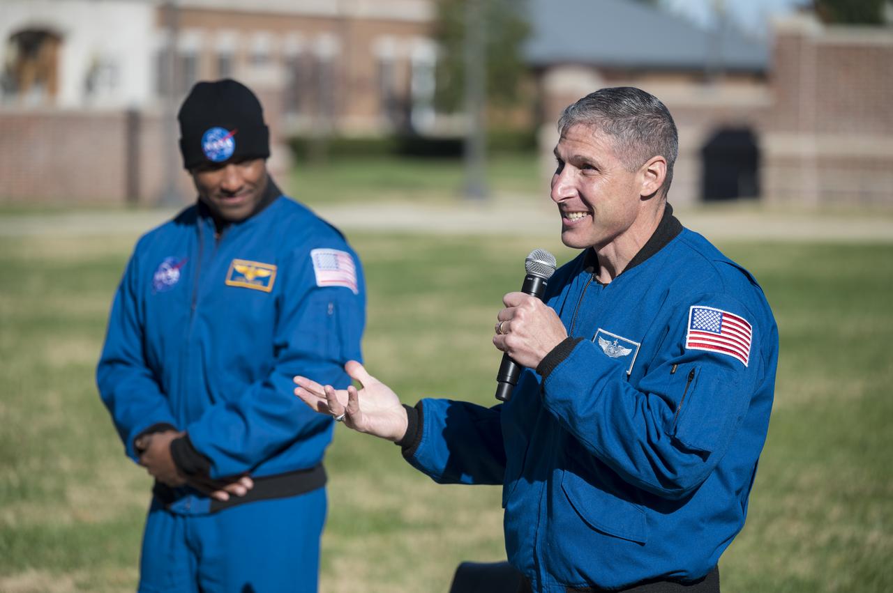 SpaceX Crew-1 NASA astronaut Mike Hopkins answers a question from a Junior Officer at Joint Base Anacostia-Bolling (JBAB), Friday, Nov. 19, 2021, in Washington. Hopkins, and crew mates NASA astronauts Victor Glover, Shannon Walker, and Japan Aerospace Exploration Agency (JAXA) astronaut Soichi Noguchi, launched on the first crew rotation mission to the International Space Station for SpaceX’s Falcon 9 and Crew Dragon spacecraft as part of the agency’s Commercial Crew Program and spent 168 days in space across Expeditions 64 and 65. Photo Credit: (NASA/Aubrey Gemignani)