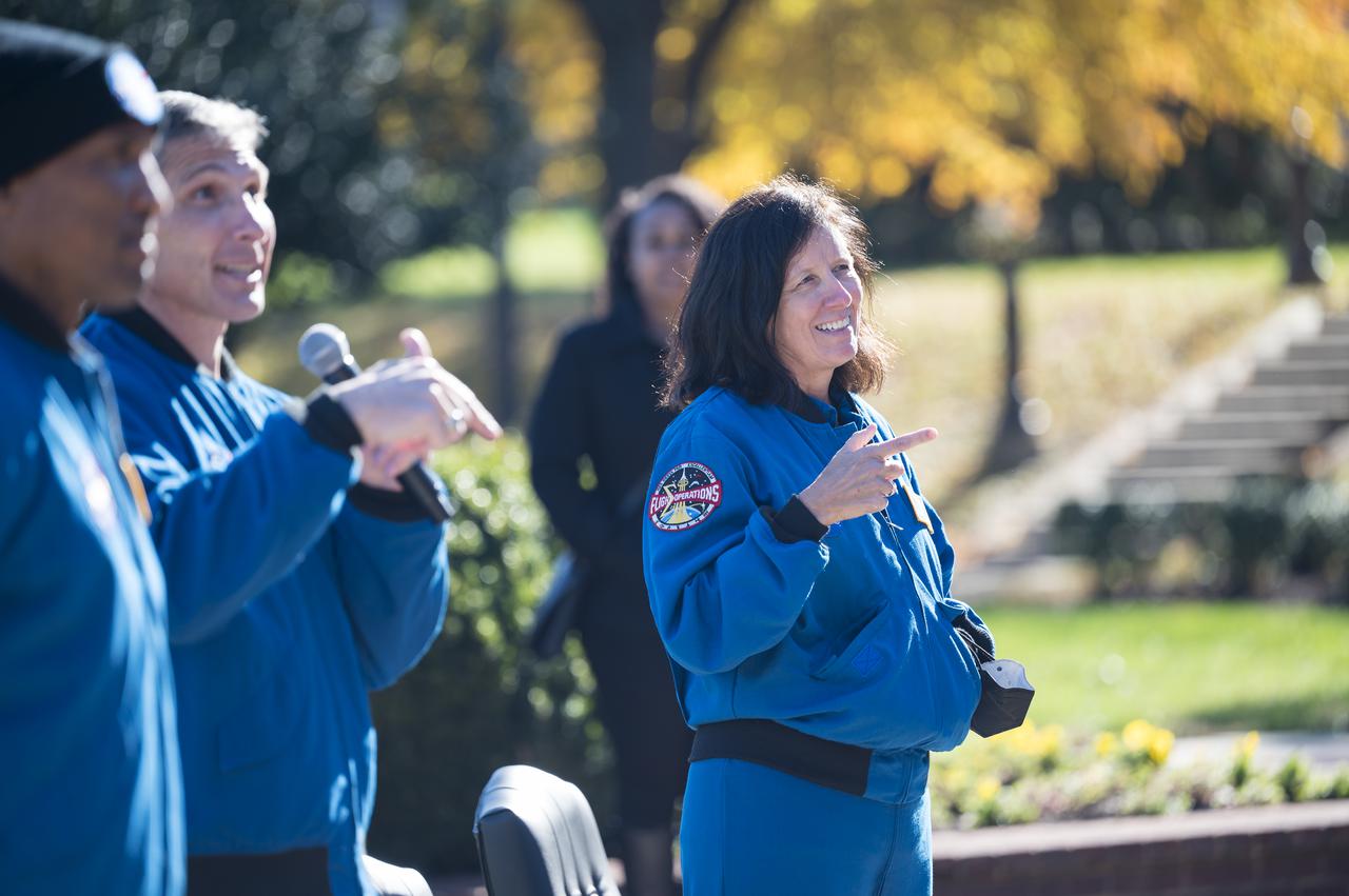 SpaceX Crew-1 NASA astronaut Shannon Walker answers a question by a Junior Officer at Joint Base Anacostia-Bolling (JBAB), Friday, Nov. 19, 2021, in Washington. Walker, and crew mates NASA astronauts Mike Hopkins, Victor Glover, and Japan Aerospace Exploration Agency (JAXA) astronaut Soichi Noguchi, launched on the first crew rotation mission to the International Space Station for SpaceX’s Falcon 9 and Crew Dragon spacecraft as part of the agency’s Commercial Crew Program and spent 168 days in space across Expeditions 64 and 65. Photo Credit: (NASA/Aubrey Gemignani)