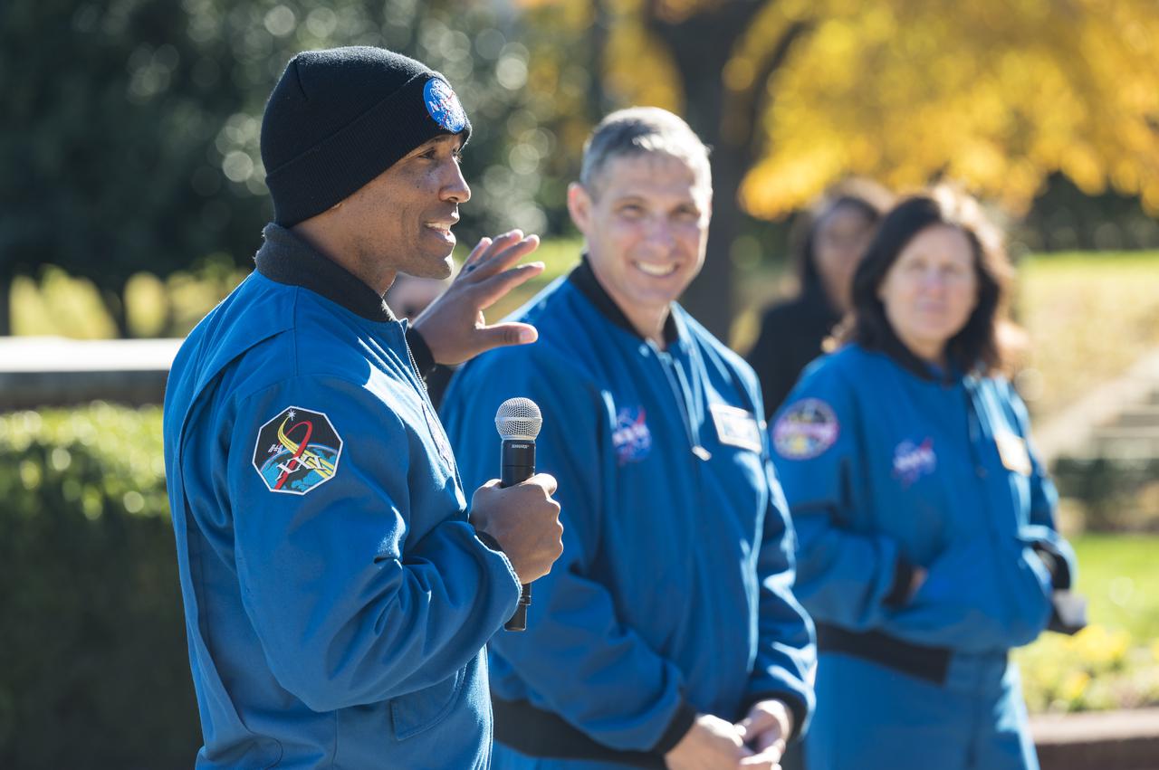 SpaceX Crew-1 NASA astronaut Victor Glover answers a question by a Junior Officer at Joint Base Anacostia-Bolling (JBAB), Friday, Nov. 19, 2021, in Washington. Glover, and crew mates NASA astronauts Mike Hopkins, Shannon Walker, and Japan Aerospace Exploration Agency (JAXA) astronaut Soichi Noguchi, launched on the first crew rotation mission to the International Space Station for SpaceX’s Falcon 9 and Crew Dragon spacecraft as part of the agency’s Commercial Crew Program and spent 168 days in space across Expeditions 64 and 65. Photo Credit: (NASA/Aubrey Gemignani)