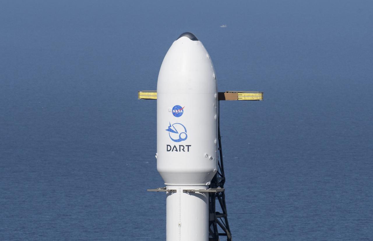 The SpaceX Falcon 9 rocket with the Double Asteroid Redirection Test, or DART, spacecraft onboard, is seen, Tuesday, Nov. 23, 2021, at Space Launch Complex 4E, Vandenberg Space Force Base in California. DART is the world’s first full-scale planetary defense test, demonstrating one method of asteroid deflection technology. The mission was built and is managed by Johns Hopkins APL for NASA’s Planetary Defense Coordination Office. Photo Credit: (NASA/Bill Ingalls)
