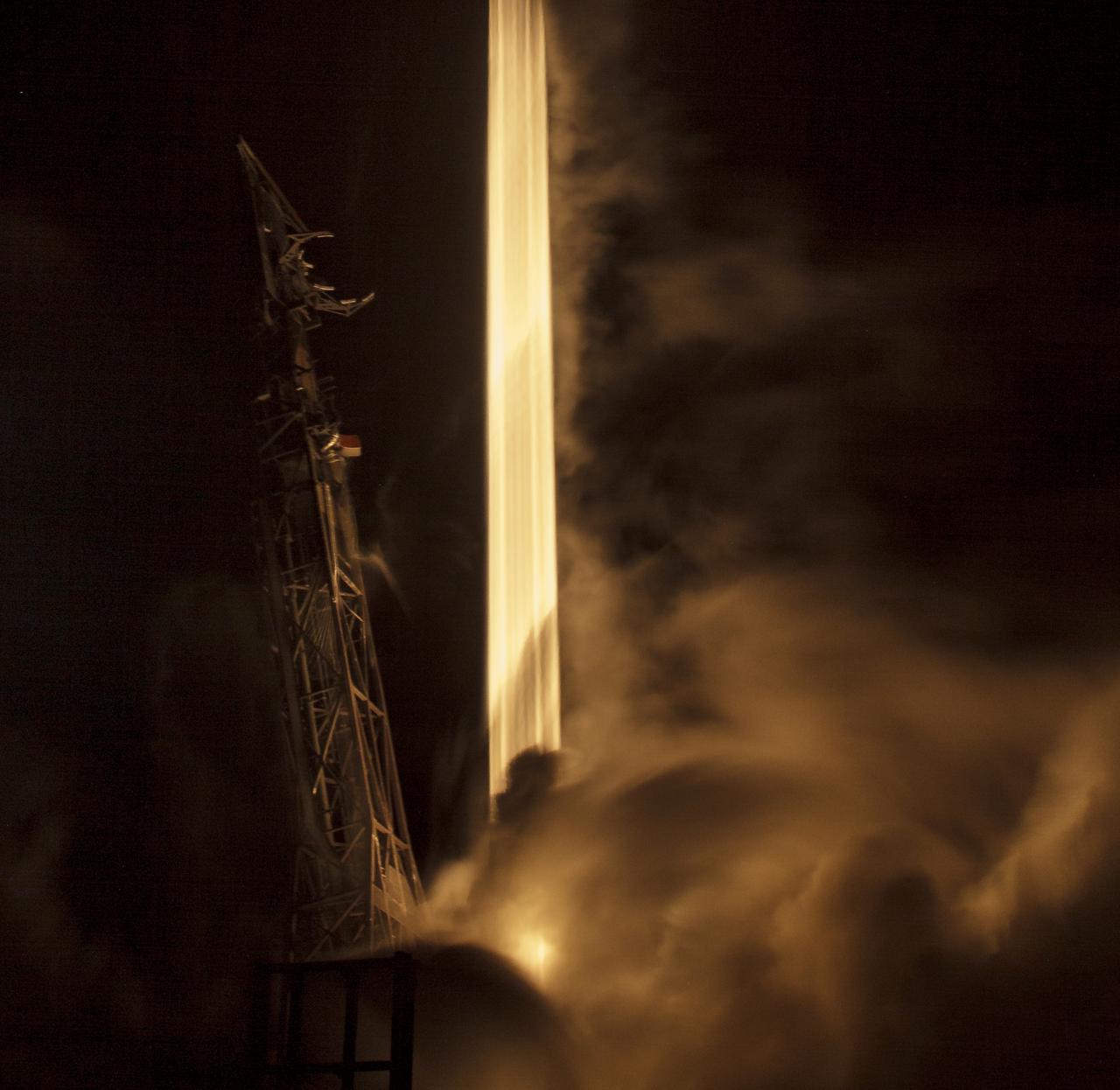 The SpaceX Falcon 9 rocket is seen in this 30-second exposure photograph as it launches with the Double Asteroid Redirection Test, or DART, spacecraft onboard, Tuesday, Nov. 23, 2021, Pacific time (Nov. 24 Eastern time) from Space Launch Complex 4E at Vandenberg Space Force Base in California. DART is the world’s first full-scale planetary defense test, demonstrating one method of asteroid deflection technology. The mission was built and is managed by Johns Hopkins APL for NASA’s Planetary Defense Coordination Office. Photo Credit: (NASA/Bill Ingalls)