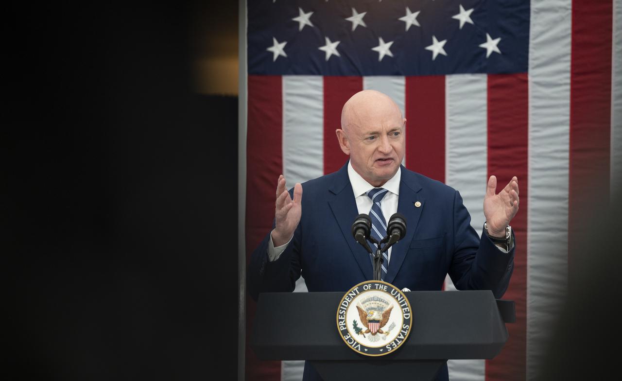Sen. Mark Kelly, D-Ariz., introduces Vice President Kamala Harris, at the first meeting of the National Space Council, Wednesday, Dec. 1, 2021, at the United States Institute of Peace in Washington. Chaired by Vice President Harris, the council's role is to advise the President regarding national space policy and strategy, and ensuring the United States capitalizes on the opportunities presented by the country’s space activities.  Photo Credit: (NASA/Joel Kowsky)