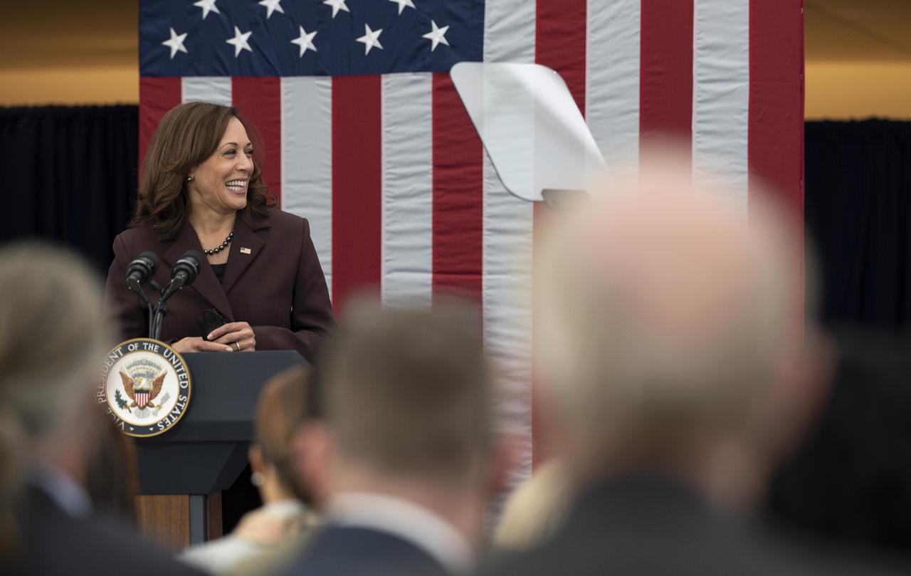 Vice President Kamala Harris delivers opening remarks at the first meeting of the National Space Council, Wednesday, Dec. 1, 2021, at the United States Institute of Peace in Washington. Chaired by Vice President Harris, the council's role is to advise the President regarding national space policy and strategy, and ensuring the United States capitalizes on the opportunities presented by the country’s space activities.  Photo Credit: (NASA/Joel Kowsky)
