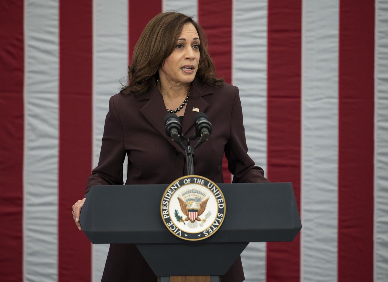 Vice President Kamala Harris delivers opening remarks at the first meeting of the National Space Council, Wednesday, Dec. 1, 2021, at the United States Institute of Peace in Washington. Chaired by Vice President Harris, the council's role is to advise the President regarding national space policy and strategy, and ensuring the United States capitalizes on the opportunities presented by the country’s space activities.  Photo Credit: (NASA/Joel Kowsky)