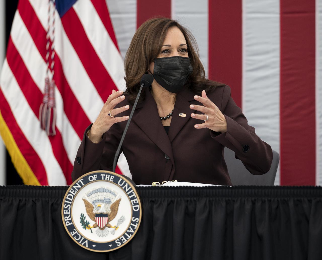 Vice President Kamala Harris is seen during the National Space Council’s first meeting, Wednesday, Dec. 1, 2021 at the United States Institute of Peace in Washington. Chaired by Vice President Harris, the council's role is to advise the President regarding national space policy and strategy, and ensuring the United States capitalizes on the opportunities presented by the country’s space activities.  Photo Credit: (NASA/Joel Kowsky)