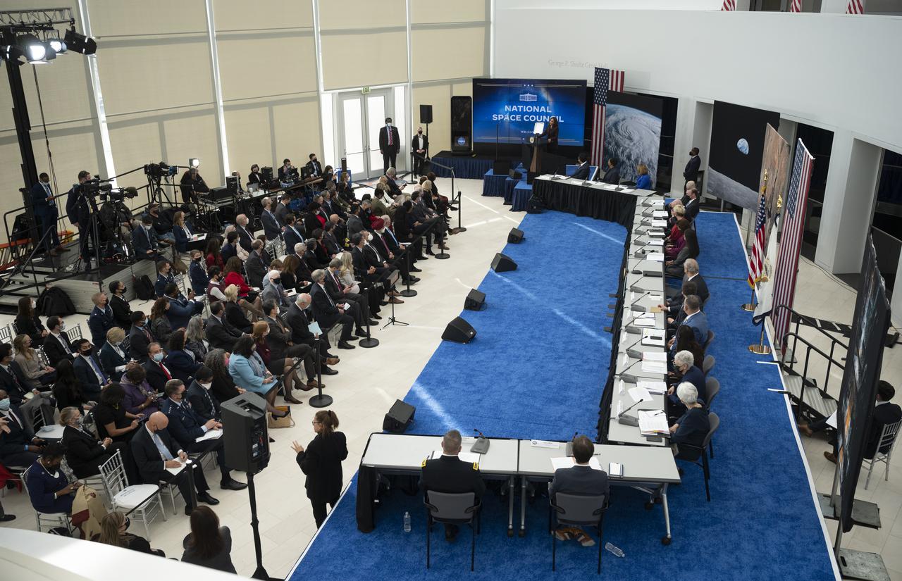 Vice President Kamala Harris delivers opening remarks at the first meeting of the National Space Council, Wednesday, Dec. 1, 2021, at the United States Institute of Peace in Washington. Chaired by Vice President Harris, the council's role is to advise the President regarding national space policy and strategy, and ensuring the United States capitalizes on the opportunities presented by the country’s space activities.  Photo Credit: (NASA/Joel Kowsky)