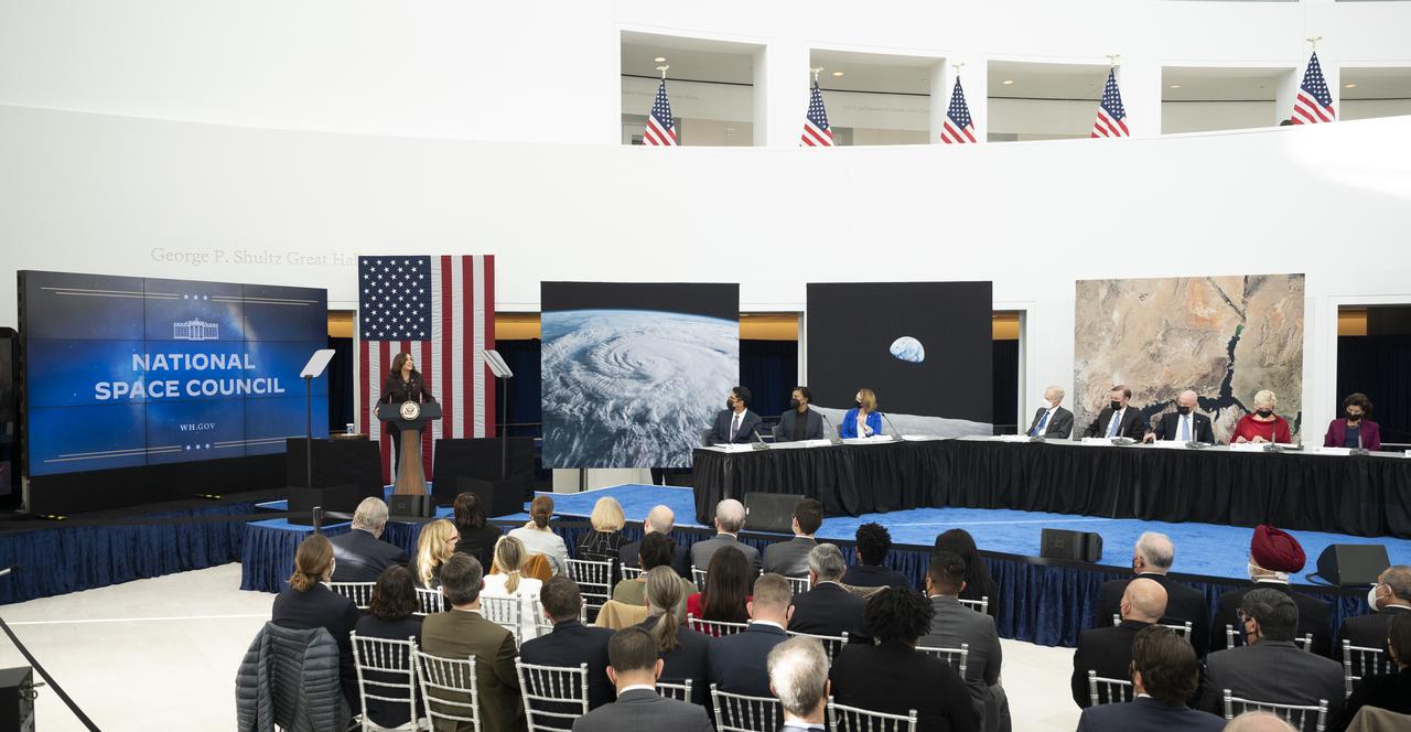 Vice President Kamala Harris delivers opening remarks at the first meeting of the National Space Council, Wednesday, Dec. 1, 2021, at the United States Institute of Peace in Washington. Chaired by Vice President Harris, the council's role is to advise the President regarding national space policy and strategy, and ensuring the United States capitalizes on the opportunities presented by the country’s space activities.  Photo Credit: (NASA/Joel Kowsky)