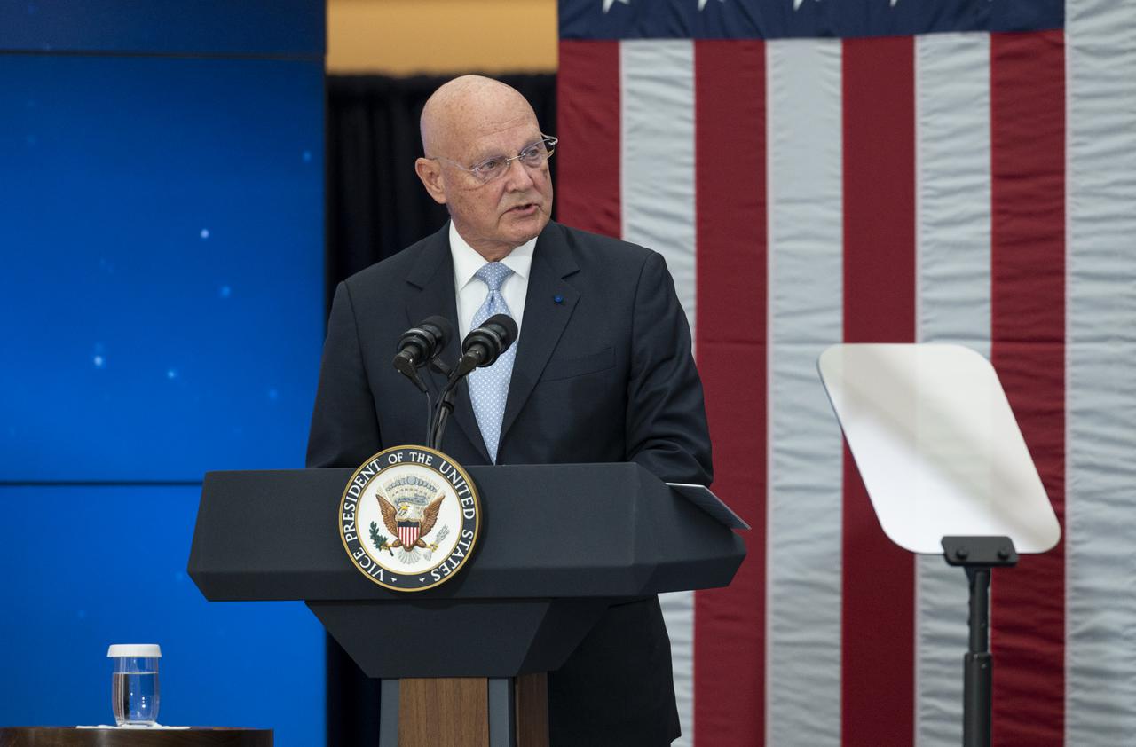 Adm. Jim Ellis, USN (Ret.), Chairman of the National Space Council’s Users' Advisory Group, speaks at the first meeting of the National Space Council, Wednesday, Dec. 1, 2021, at the United States Institute of Peace in Washington. Chaired by Vice President Kamala Harris, the council's role is to advise the President regarding national space policy and strategy, and ensuring the United States capitalizes on the opportunities presented by the country’s space activities.  Photo Credit: (NASA/Joel Kowsky)