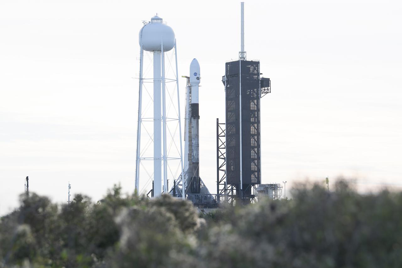 A SpaceX Falcon 9 rocket carrying NASA’s Imaging X-ray Polarimetry Explorer (IXPE) spacecraft is seen on the launch pad at Launch Complex 39A, Wednesday, Dec. 8, 2021, at NASA’s Kennedy Space Center in Florida. The IXPE spacecraft is the first satellite dedicated to measuring the polarization of X-rays from a variety of cosmic sources, such as black holes and neutron stars. Photo Credit: (NASA/Joel Kowsky)