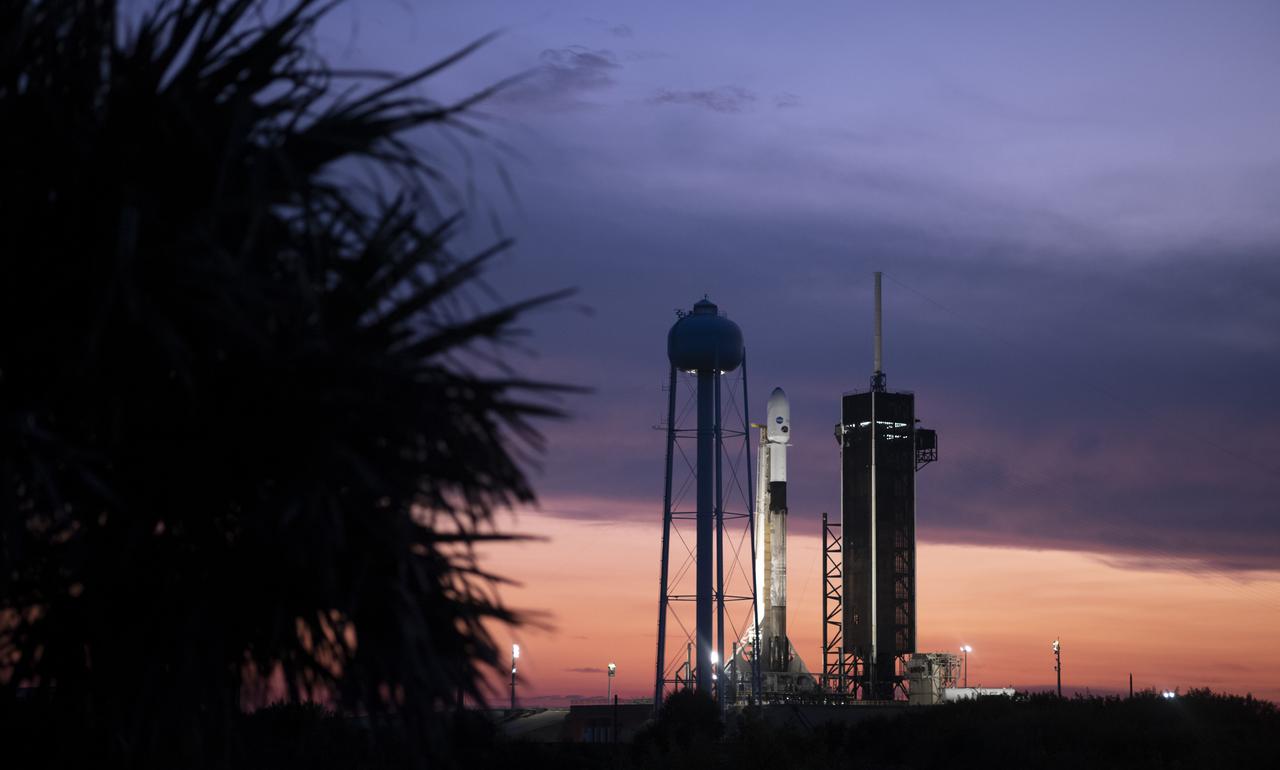 A SpaceX Falcon 9 rocket carrying NASA’s Imaging X-ray Polarimetry Explorer (IXPE) spacecraft is seen at sunset on the launch pad at Launch Complex 39A, Wednesday, Dec. 8, 2021, at NASA’s Kennedy Space Center in Florida. The IXPE spacecraft is the first satellite dedicated to measuring the polarization of X-rays from a variety of cosmic sources, such as black holes and neutron stars. Photo Credit: (NASA/Joel Kowsky)