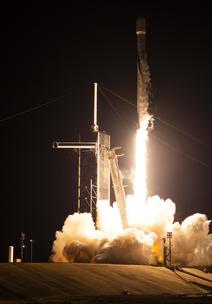 A SpaceX Falcon 9 rocket launches with NASA’s Imaging X-ray Polarimetry Explorer (IXPE) spacecraft onboard from Launch Complex 39A, Thursday, Dec. 9, 2021, at NASA’s Kennedy Space Center in Florida. The IXPE spacecraft is the first satellite dedicated to measuring the polarization of X-rays from a variety of cosmic sources, such as black holes and neutron stars. Launch occurred at 1:00 a.m. EST. Photo Credit: (NASA/Joel Kowsky)
