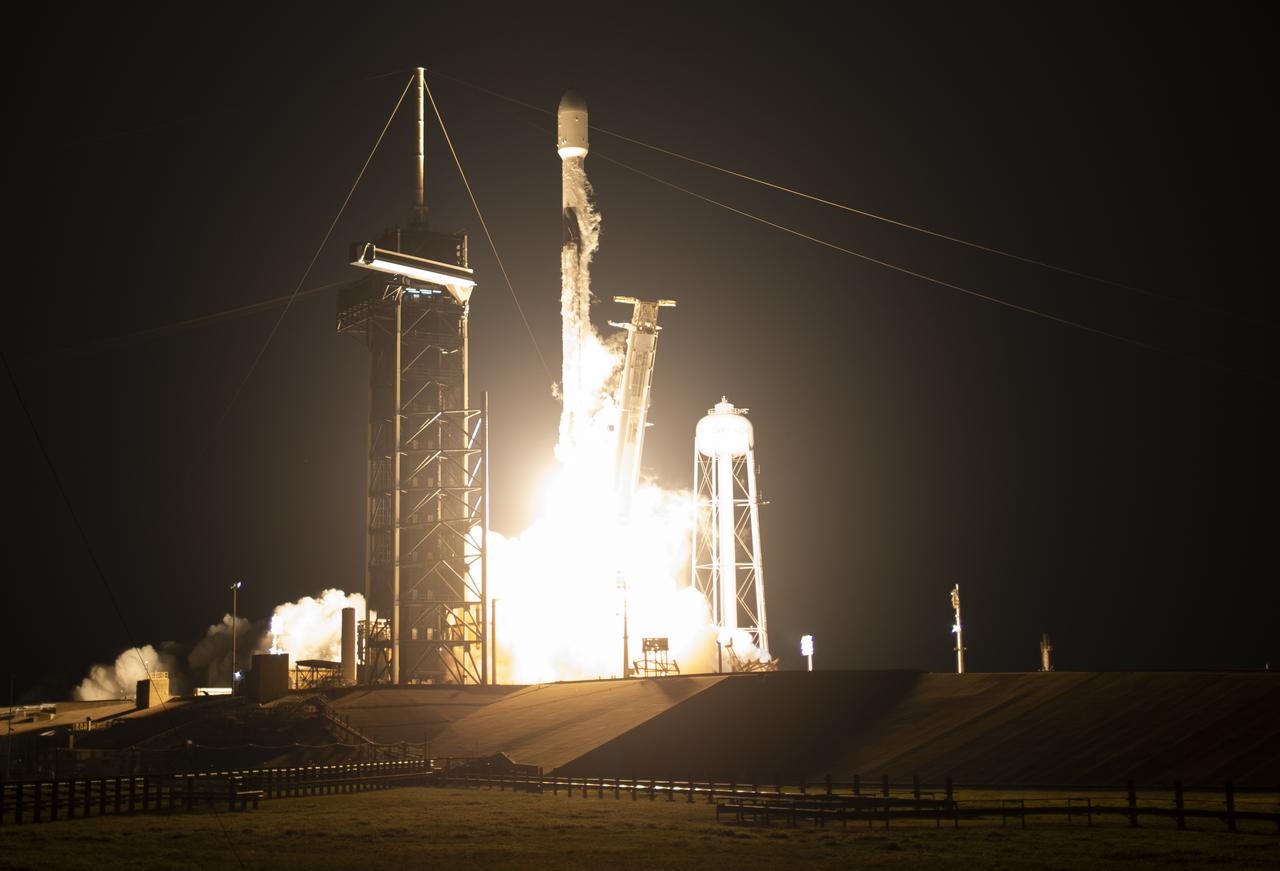 A SpaceX Falcon 9 rocket launches with NASA’s Imaging X-ray Polarimetry Explorer (IXPE) spacecraft onboard from Launch Complex 39A, Thursday, Dec. 9, 2021, at NASA’s Kennedy Space Center in Florida. The IXPE spacecraft is the first satellite dedicated to measuring the polarization of X-rays from a variety of cosmic sources, such as black holes and neutron stars. Launch occurred at 1:00 a.m. EST. Photo Credit: (NASA/Joel Kowsky)