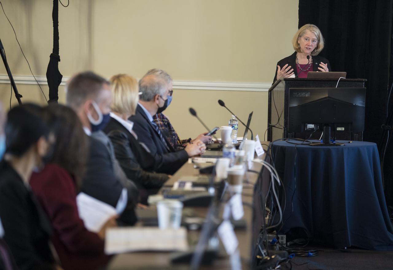 NASA Deputy Administrator Pam Melroy gives opening remarks at the 25th meeting of the Space-Based Positioning, Navigation, and Timing National Advisory Board, Thursday, Dec. 9, 2021, at the Sheraton Pentagon City Hotel in Arlington, Va. Photo Credit: (NASA/Aubrey Gemignani)