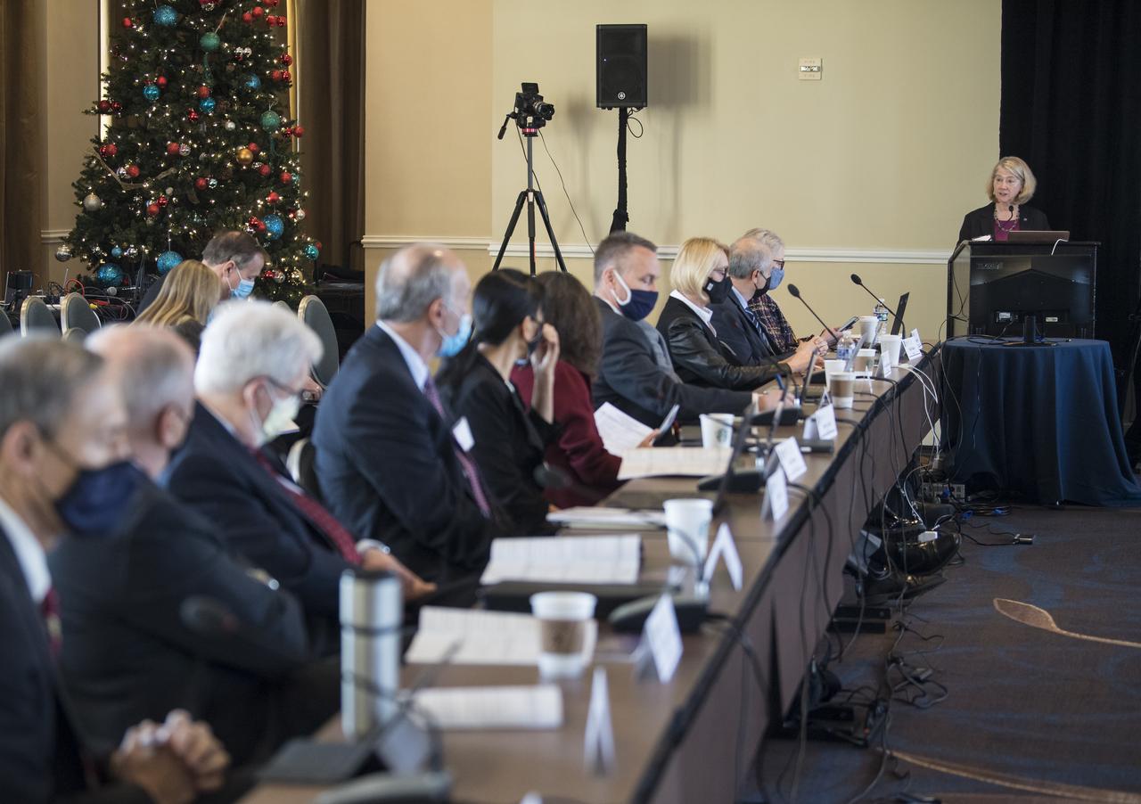 NASA Deputy Administrator Pam Melroy gives opening remarks at the 25th meeting of the Space-Based Positioning, Navigation, and Timing National Advisory Board, Thursday, Dec. 9, 2021, at the Sheraton Pentagon City Hotel in Arlington, Va. Photo Credit: (NASA/Aubrey Gemignani)