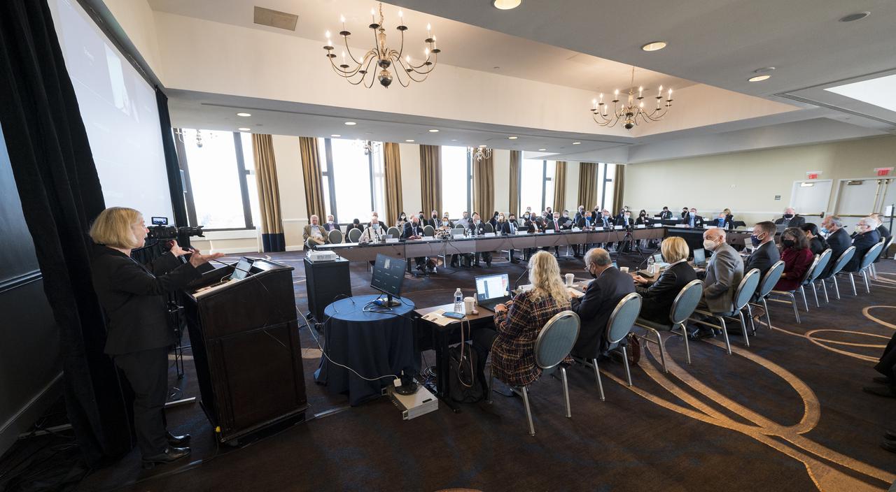 NASA Deputy Administrator Pam Melroy gives opening remarks at the 25th meeting of the Space-Based Positioning, Navigation, and Timing National Advisory Board, Thursday, Dec. 9, 2021, at the Sheraton Pentagon City Hotel in Arlington, Va. Photo Credit: (NASA/Aubrey Gemignani)