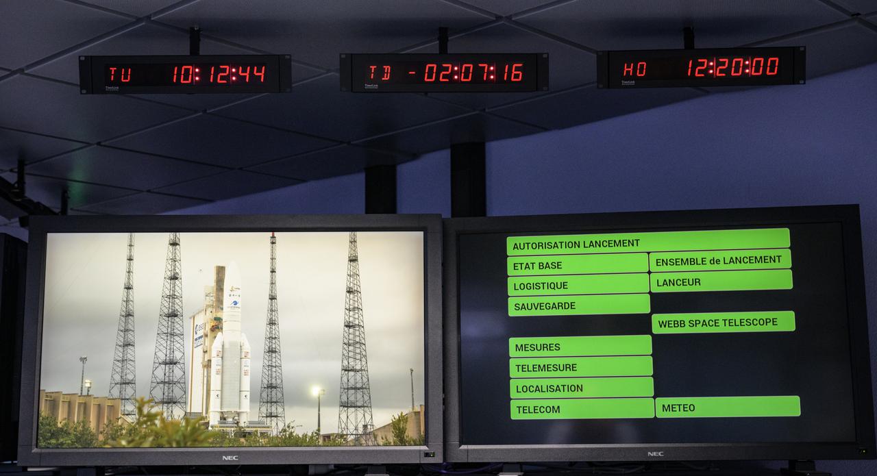Monitors show the current status ahead of the launch of Arianespace's Ariane 5 rocket carrying NASA’s James Webb Space Telescope, Saturday, Dec. 25, 2021, in the Jupiter Center at the Guiana Space Center in Kourou, French Guiana. The James Webb Space Telescope (sometimes called JWST or Webb) is a large infrared telescope with a 21.3 foot (6.5 meter) primary mirror. The observatory will study every phase of cosmic history—from within our solar system to the most distant observable galaxies in the early universe. Photo Credit: (NASA/Bill Ingalls)