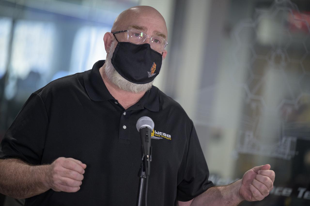 Deputy Program Manager, Northrop Grumman, Vince Heeg answers questions from the media during a briefing following the successful deployment of NASA’s James Webb Space Telescope primary mirror, Saturday, Jan. 8, 2022, from the Webb Space Telescope Mission Operations Center at the Space Telescope Science Institute in Baltimore. With Webb’s 21.3-foot (6.5-meter) primary mirror fully deployed, the infrared observatory has completed its unprecedented process of unfolding in space to prepare for science operations. The observatory will study every phase of cosmic history—from within our solar system to the most distant observable galaxies in the early universe. Photo Credit: (NASA/Bill Ingalls)