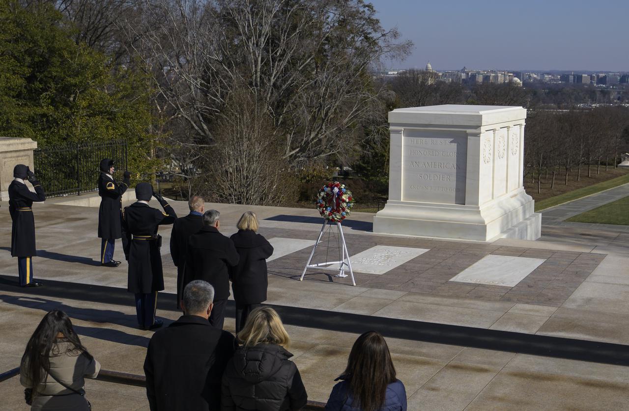 NASA Administrator Bill Nelson, NASA Deputy Administrator Pam Melroy, and NASA Associate Administrator Bob Cabana are seen after a wreath is laid at the Tomb of the Unknowns as part of NASA's Day of Remembrance, Thursday, Jan. 27, 2022, at Arlington National Cemetery in Arlington, Va.  The wreaths were laid in memory of those men and women who lost their lives in the quest for space exploration.  Photo Credit: (NASA/Bill Ingalls)