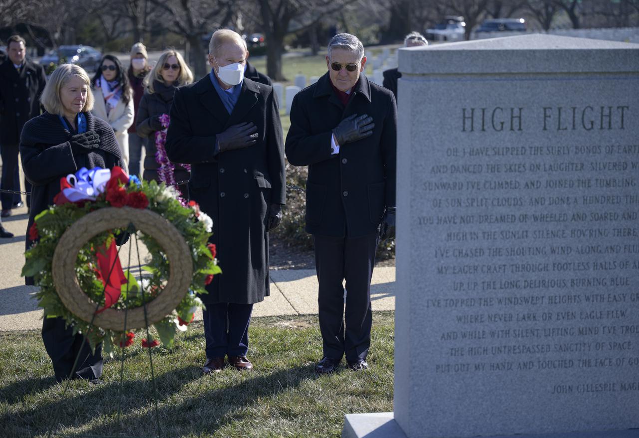 NASA Deputy Administrator Pam Melroy, left, NASA Administrator Bill Nelson, and NASA Associate Administrator Bob Cabana visit the Space Shuttle Challenger Memorial during a wreath laying ceremony that was part of NASA's Day of Remembrance, Thursday, Jan. 27, 2022, at Arlington National Cemetery in Arlington, Va. Wreaths were laid in memory of those men and women who lost their lives in the quest for space exploration.  Photo Credit: (NASA/Bill Ingalls)