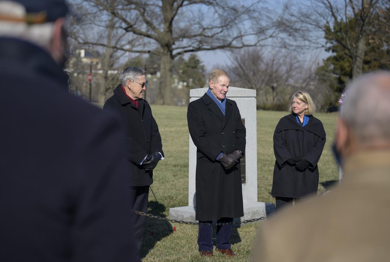 NASA Associate Administrator Bob Cabana, left, NASA Administrator Bill Nelson, and NASA Deputy Administrator Pam Melroy, give remarks at the Space Shuttle Columbia and Space Shuttle Challenger Memorial’s as Former NASA Administrator Sean O'Keefe, left, and Former NASA Administrator Charles Bolden look on, during a wreath laying ceremony that was part of NASA's Day of Remembrance, Thursday, Jan. 27, 2022, at Arlington National Cemetery in Arlington, Va. Wreaths were laid in memory of those men and women who lost their lives in the quest for space exploration.  Photo Credit: (NASA/Bill Ingalls)