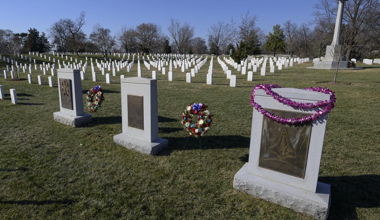 The Space Shuttle Columbia and Space Shuttle Challenger Memorials are seen after a wreath laying ceremony that was part of NASA's Day of Remembrance, Thursday, Jan. 27, 2022, at Arlington National Cemetery in Arlington, Va. Wreaths were laid in memory of those men and women who lost their lives in the quest for space exploration.  Photo Credit: (NASA/Bill Ingalls)