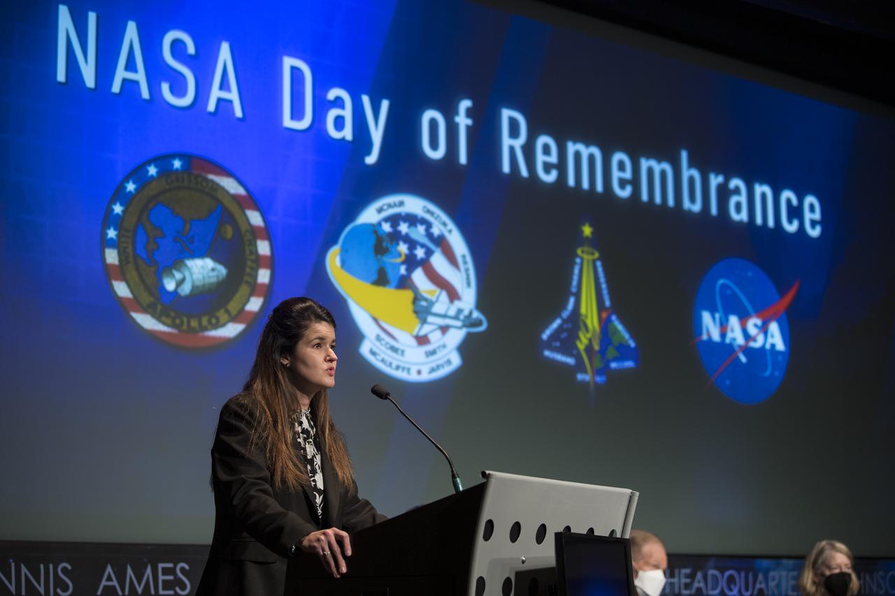 NASA Deputy Associate Administrator Casey Swails, introduces the panel during the 2022 NASA Safety Stand-Down panel discussion, Thursday, Jan. 27, 2022, at the Mary W. Jackson NASA Headquarters building in Washington. The event followed the annual visit to Arlington National Cemetery where NASA leadership and family members and/or friends of the astronauts commemorate NASA’s Day of Remembrance and the sacrifices made to further exploration. Panelists included NASA Safety and Mission Assurance Chief Russ DeLoach, NASA Administrator Bill Nelson, NASA Deputy Administrator Pam Melroy, and NASA Associate Administrator Bob Cabana. Photo Credit: (NASA/Aubrey Gemignani)