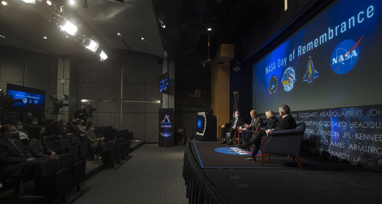 NASA Administrator Bill Nelson, second from left, speaks during the 2022 NASA Safety Stand-Down panel discussion, Thursday, Jan. 27, 2022, at the Mary W. Jackson NASA Headquarters building in Washington. The event followed the annual visit to Arlington National Cemetery where NASA leadership and family members and/or friends of the astronauts commemorate NASA’s Day of Remembrance and the sacrifices made to further exploration. Panelists included from left to right, NASA Safety and Mission Assurance Chief Russ DeLoach, NASA Administrator Bill Nelson, NASA Deputy Administrator Pam Melroy, and NASA Associate Administrator Bob Cabana. Photo Credit: (NASA/Aubrey Gemignani)