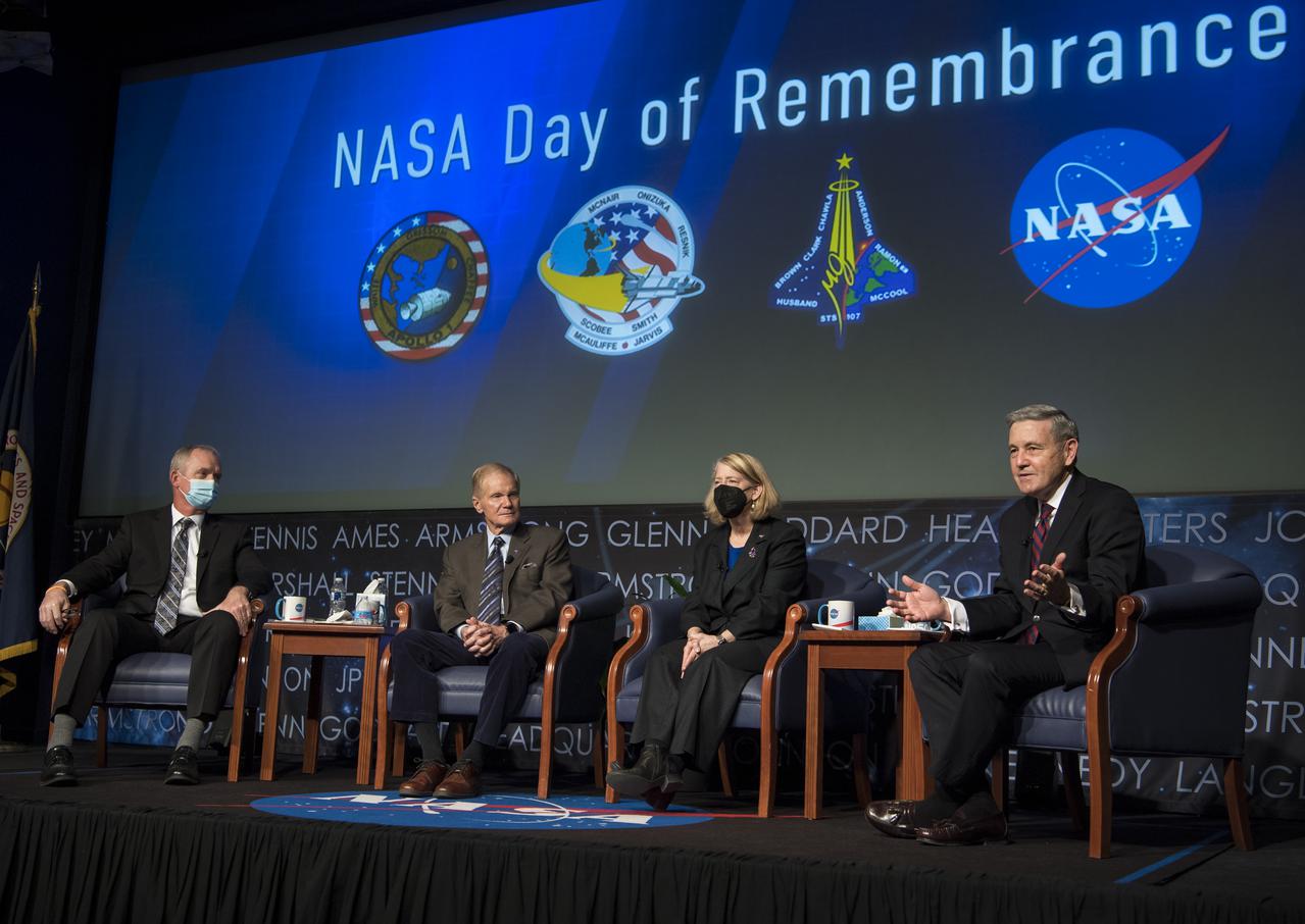 NASA Associate Administrator Bob Cabana, right, speaks during the 2022 NASA Safety Stand-Down panel discussion, Thursday, Jan. 27, 2022, at the Mary W. Jackson NASA Headquarters building in Washington. The event followed the annual visit to Arlington National Cemetery where NASA leadership and family members and/or friends of the astronauts commemorate NASA’s Day of Remembrance and the sacrifices made to further exploration. Panelists included from left to right, NASA Safety and Mission Assurance Chief Russ DeLoach, NASA Administrator Bill Nelson, NASA Deputy Administrator Pam Melroy, and NASA Associate Administrator Bob Cabana. Photo Credit: (NASA/Aubrey Gemignani)