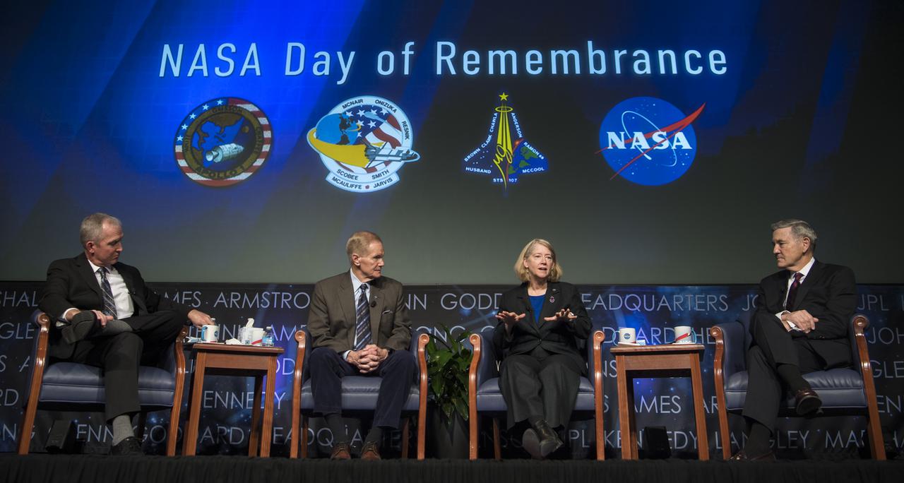 NASA Deputy Administrator Pam Melroy speaks during the 2022 NASA Safety Stand-Down panel discussion, Thursday, Jan. 27, 2022, at the Mary W. Jackson NASA Headquarters building in Washington. The event followed the annual visit to Arlington National Cemetery where NASA leadership and family members and/or friends of the astronauts commemorate NASA’s Day of Remembrance and the sacrifices made to further exploration. Panelists included from left to right, NASA Safety and Mission Assurance Chief Russ DeLoach, NASA Administrator Bill Nelson, NASA Deputy Administrator Pam Melroy, and NASA Associate Administrator Bob Cabana. Photo Credit: (NASA/Aubrey Gemignani)