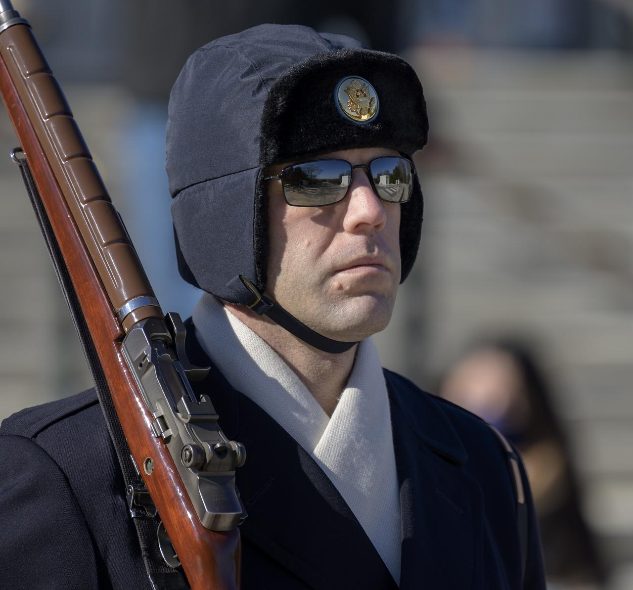 A member of The Old Guard, 3rd U.S. Infantry Regiment, is seen at the Tomb of the Unknowns ahead of a wreath laying ceremony during NASA's Day of Remembrance, Thursday, Jan. 27, 2022, at Arlington National Cemetery in Arlington, Va.  The wreaths were laid in memory of those men and women who lost their lives in the quest for space exploration.  Photo Credit: (NASA/Bill Ingalls)