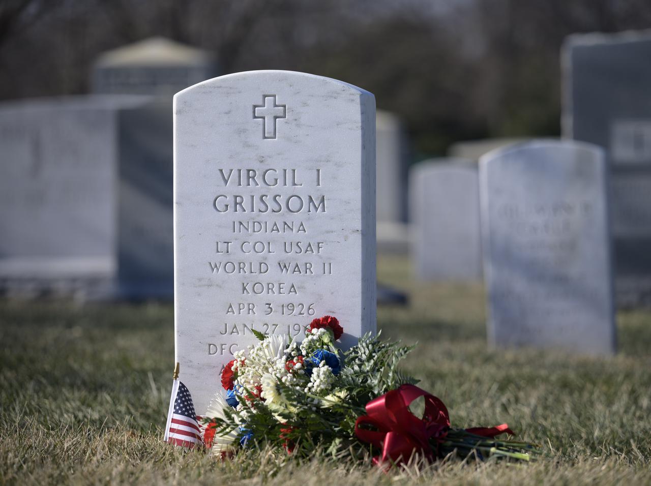 The grave marker of Virgil "Gus" Grissom, from Apollo 1, is seen after a wreath laying ceremony that was part of NASA's Day of Remembrance, Thursday, Jan. 27, 2022, at Arlington National Cemetery in Arlington, Va. Wreaths were laid in memory of those men and women who lost their lives in the quest for space exploration. Photo Credit: (NASA/Bill Ingalls)